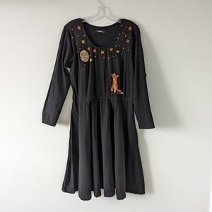eShakti Black Long Sleeve Dress with Fox Embroidery